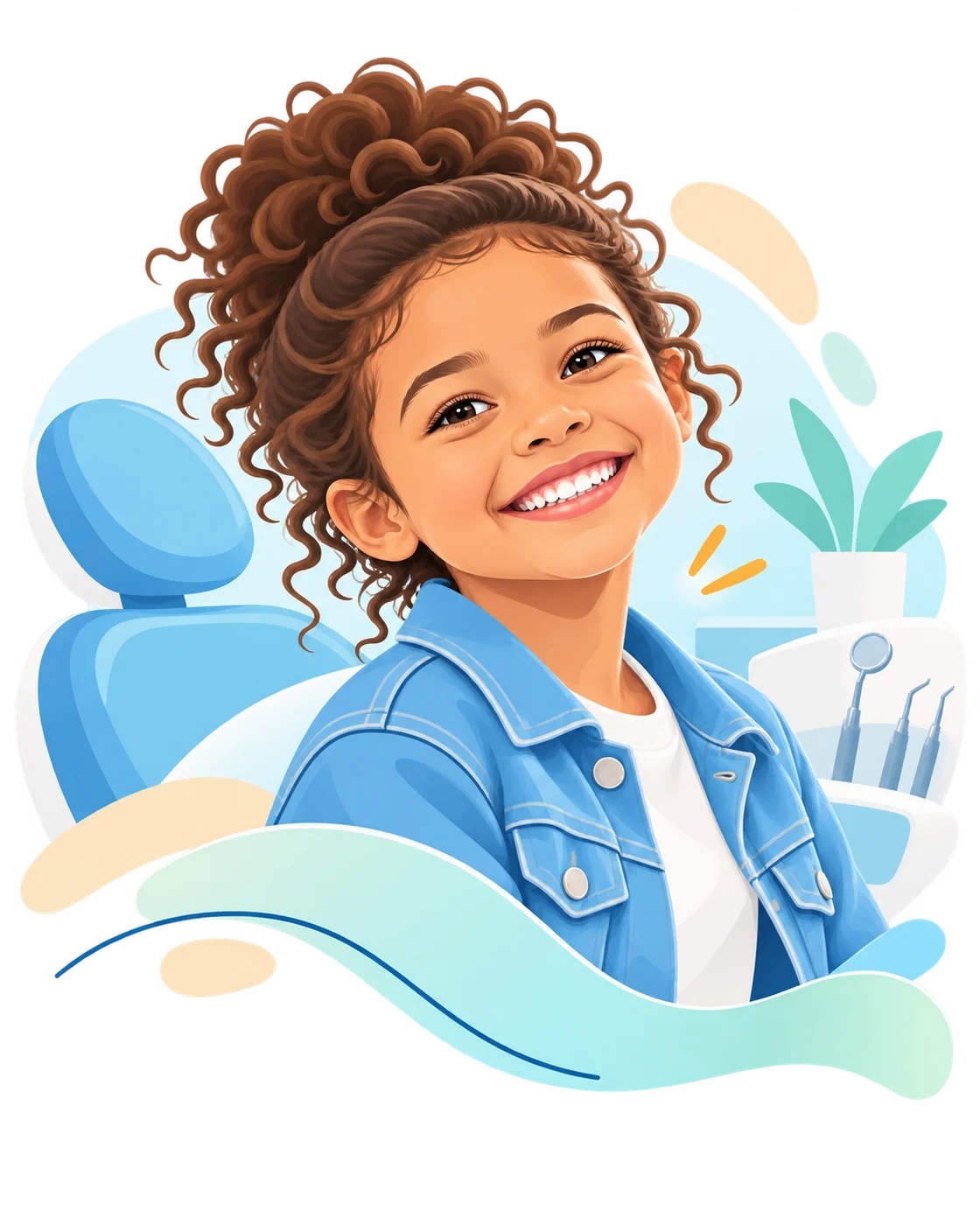 Illustration of a smiling child beside a dental chair, with soft blue and teal shapes.